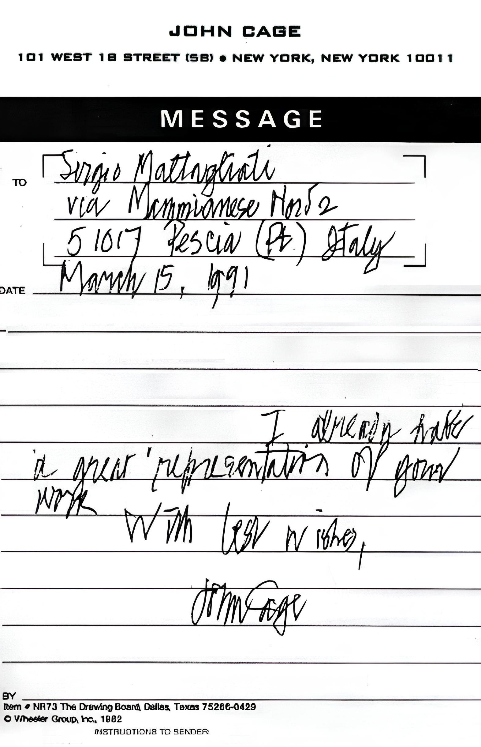 Seconda lettera di John Cage a Sergio Maltagliati