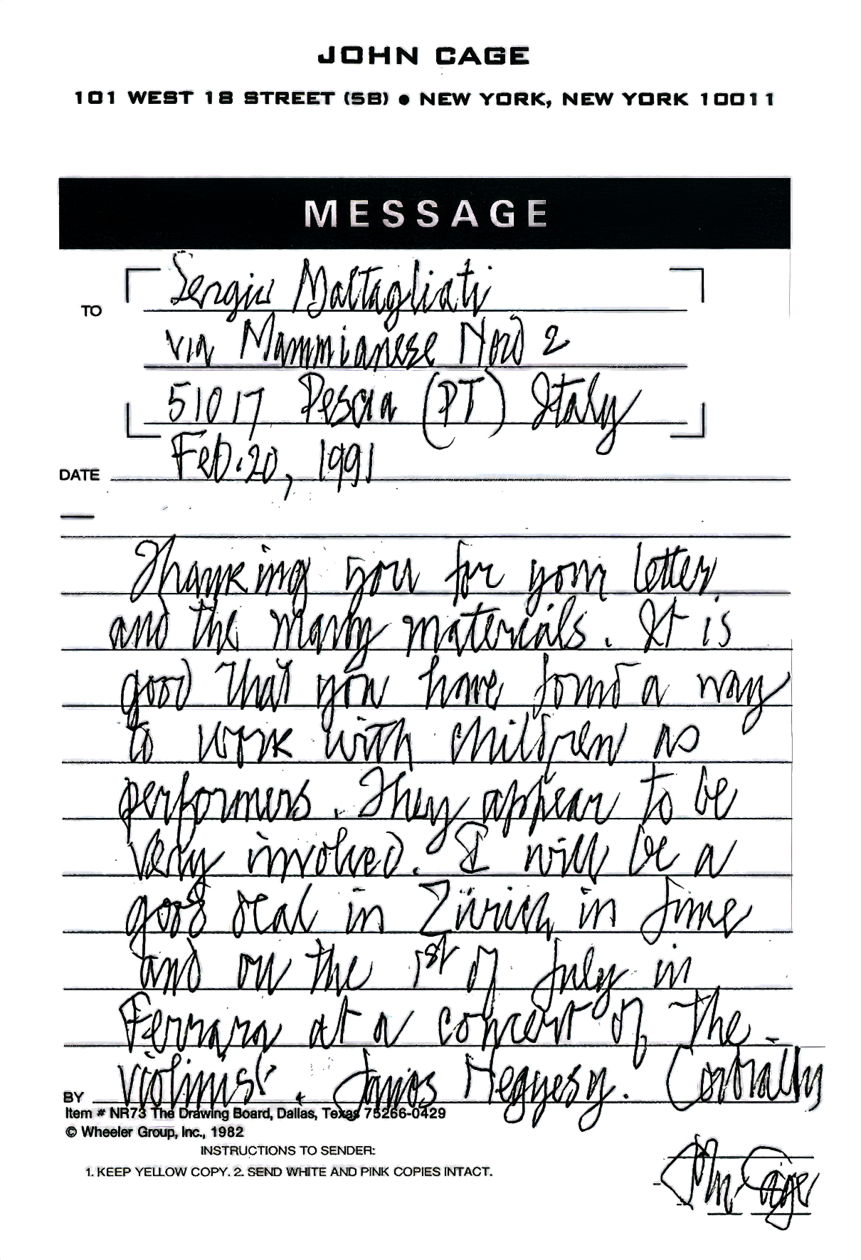 Lettera autografa di John Cage a Sergio Maltagliati